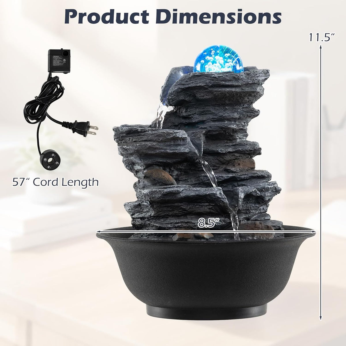 Giantex Tabletop Water Fountain with Warm LED Light, Tiered Rock Waterfall with Pump, Zen Meditation Desktop Decor for Office, Home Relaxation