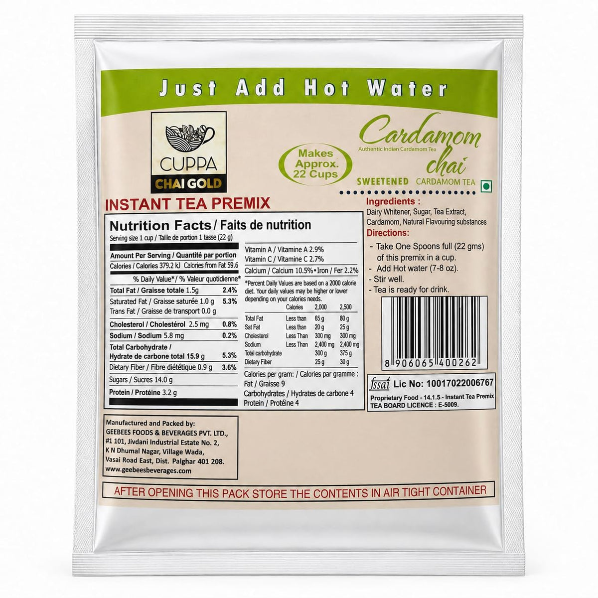 Chai Gold Instant Chai Tea Premix Powder - Sweetened Milk Tea Latte Mix for Home and Beverage Dispensers - [500g / 1.1 lb Bulk Bag] (Kadak)
