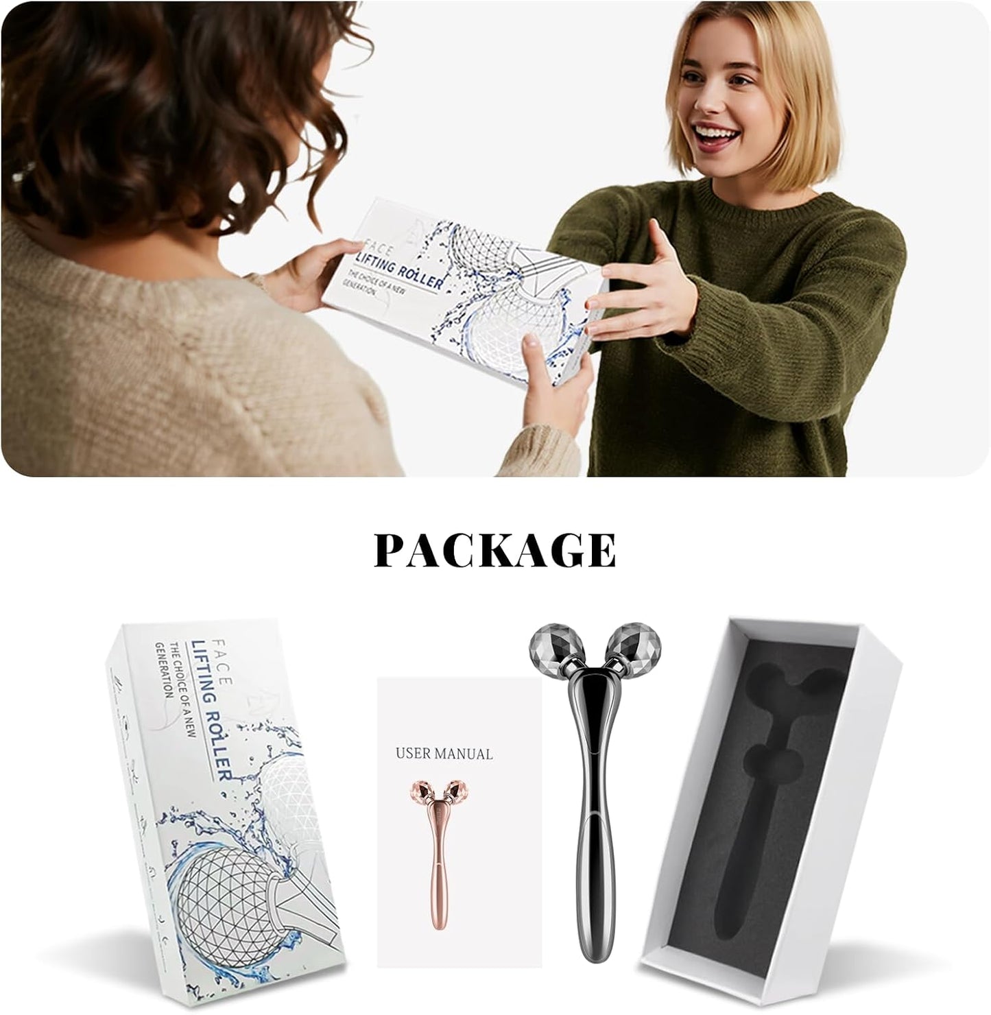 Wireless Face Massager Tool, 8-Roller 3D Face Roller for Women, LED Facial Massager,V-Shape Face Sculpting Tool for Jawline, 6 Light & Vibration Modes, USB-C Rechargeable