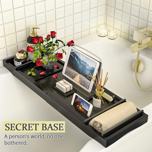 Bath Caddy Tray for Bathtub - Bamboo Adjustable Organizer Tray for Bathroom with Free Soap Dish Suitable for Luxury Spa or Reading