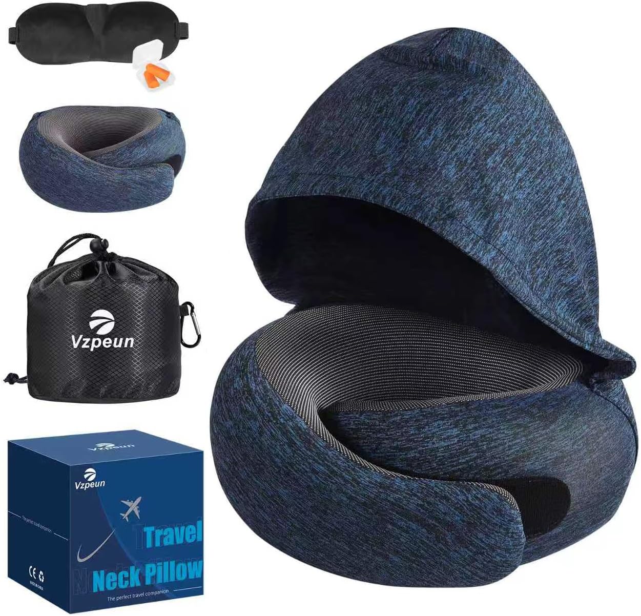 Travel Pillow - Hooded Neck Pillow Airplane Memory Foam Filling for Plane, Office, Cars Sleeping, Road Trip, Long Flights, Airplane Travel Essentials, Includes Eye Mask & Earplugs (Green)