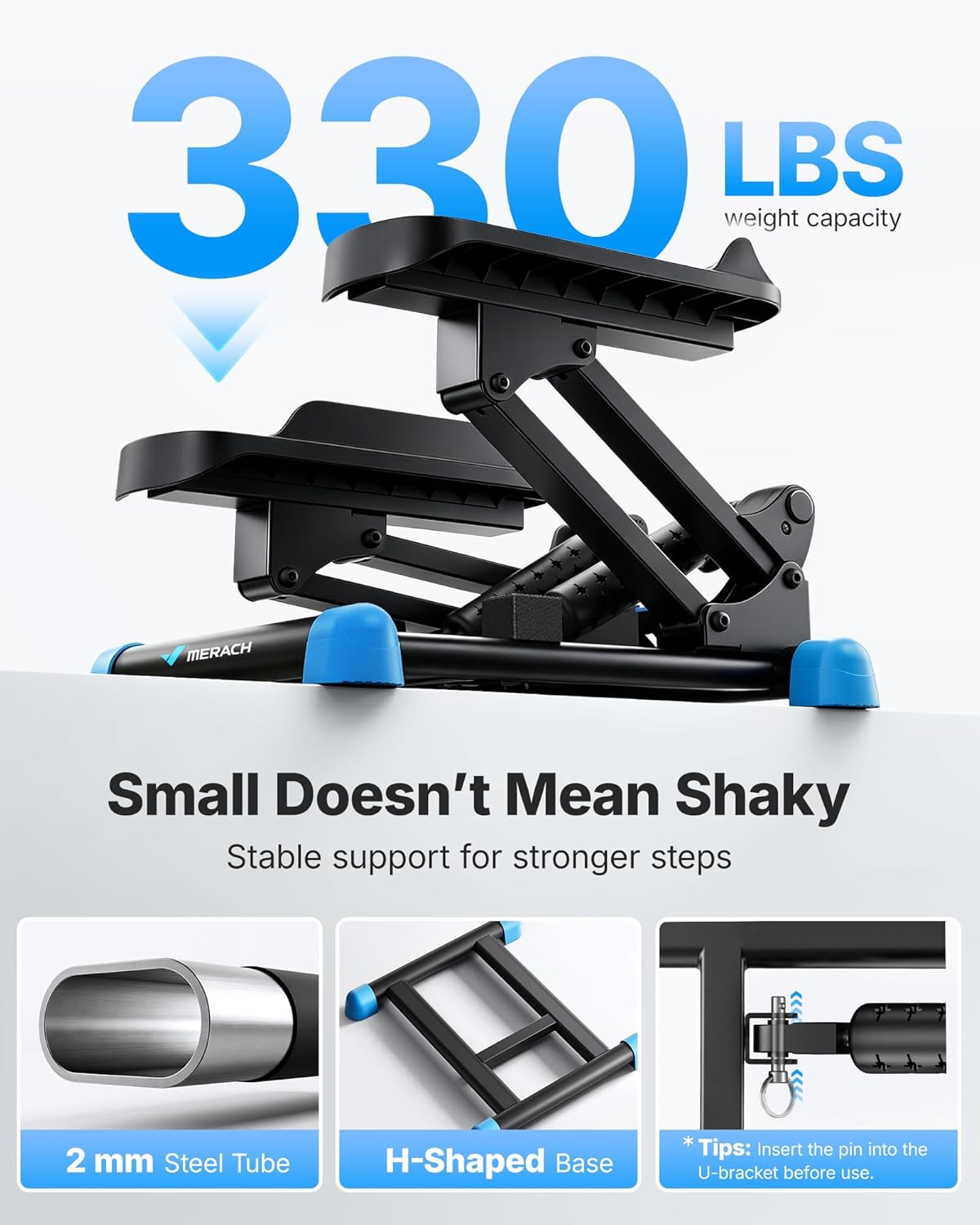 MERACH New 3-in-1 Stair Climber, Mini Steppers for Exercise at Home with Large Stride & Shock Pad Design, with Resistance Bands for Full Body Workout, 330 LBS Capacity Exercise Equipment