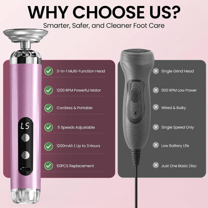 Electric Callus Remover for Feet, Cordless Foot Sander with 5 Speeds | Upgraded 1200RPM, 3-in-1 File, LED Display, 3-Hour Battery, 50 Discs, Heel Grinder, Home Pedicure Gift for Women Men