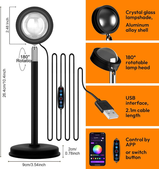 Sunset Lamp Projector with APP Control - 21 Color Changing LED Sunset Light, 180° Adjustable for Photography, Bedroom Decor, Party, Wedding, Mood Lighting