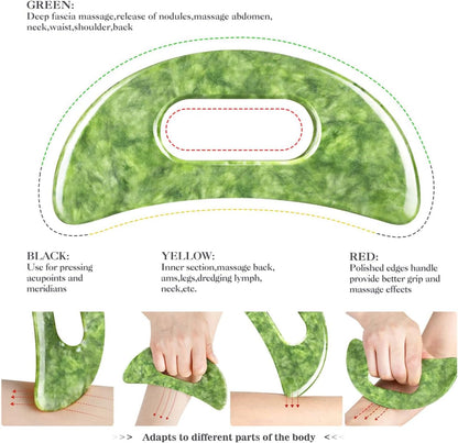 3 in 1 Jade Stone Gua Sha Massage Tool, Large Guasha Muscle Scraper Tools Set with Handle Muscle Scraping Massage Tools Anti Cellulite Spa Acupuncture Tools for Back Neck Leg Lymphatic Drainage