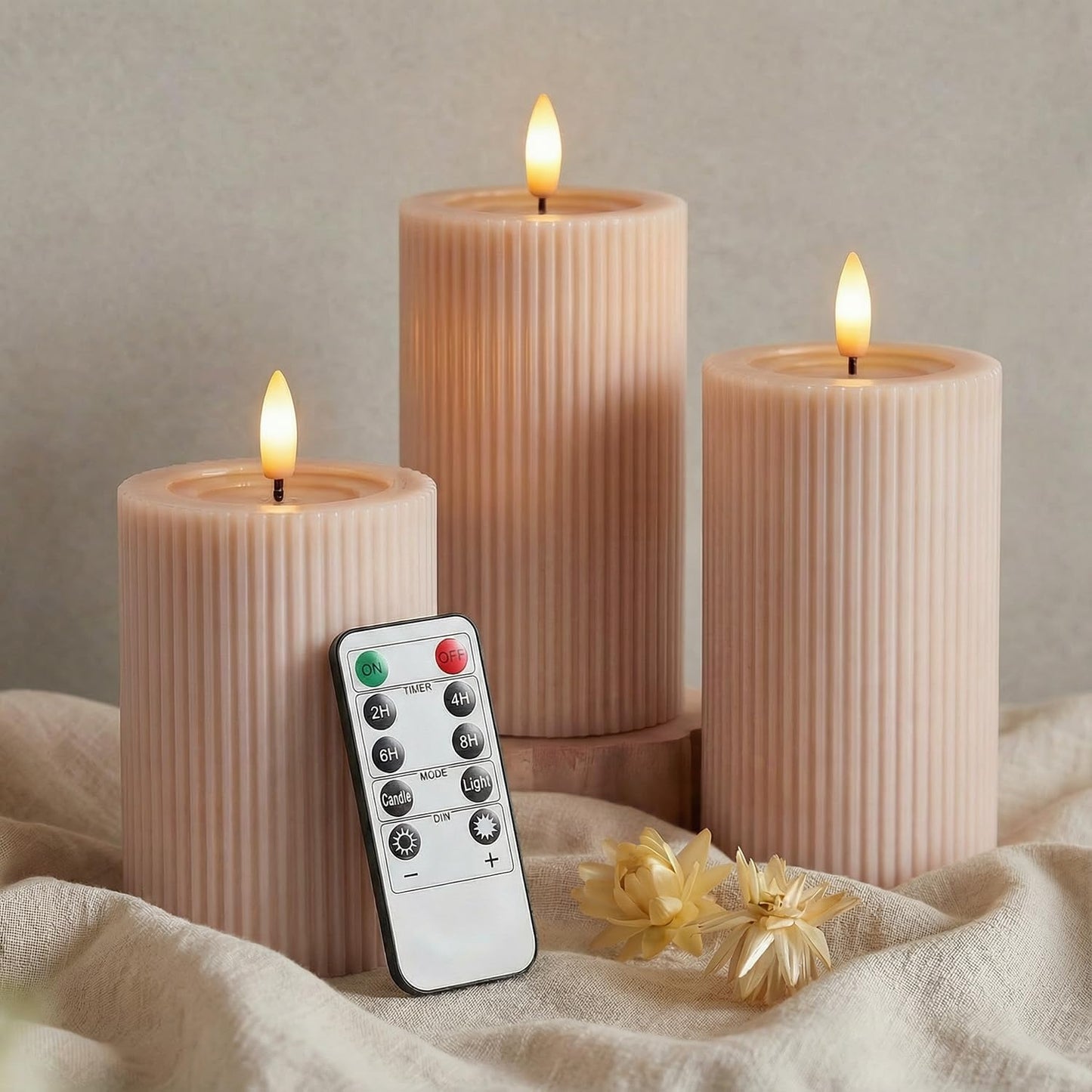 Ribbed Fluted Real Wax Flameless LED Pillar Candles, Loden Sage Olive Green, Melted-Wax Top Look, Flickering Flame, Battery Operated, Remote & Timer, Shelf & Wedding Decor (Set of 3)