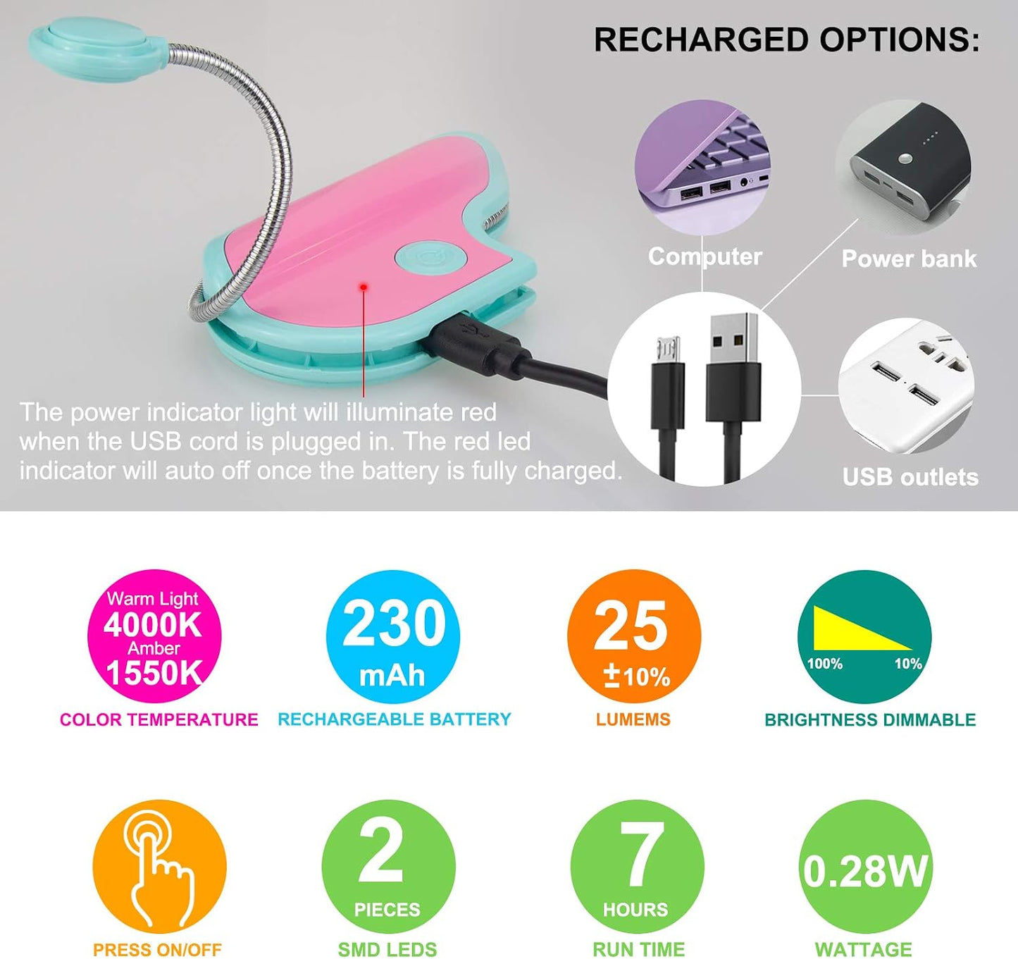BIGMONAT Rechargeable Reading Light for Kids,Small Amber Book Light,Multi Colors Portable LED Reading Lamp with 361° Rotary Light Neck,Wireless Clip Reading Light for Books (White)