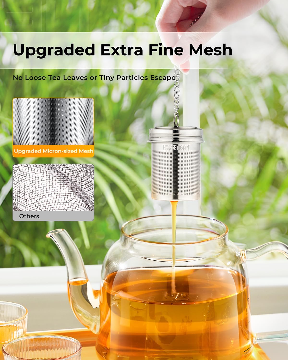 House Again 2 Pack Tea Infuser, Extra Fine Mesh Tea Infusers for Loose Tea, 18/8 Stainless Steel Tea Strainer with Extended Chain Hook, Tea Steeper for Brew Tea, Spices & Seasonings