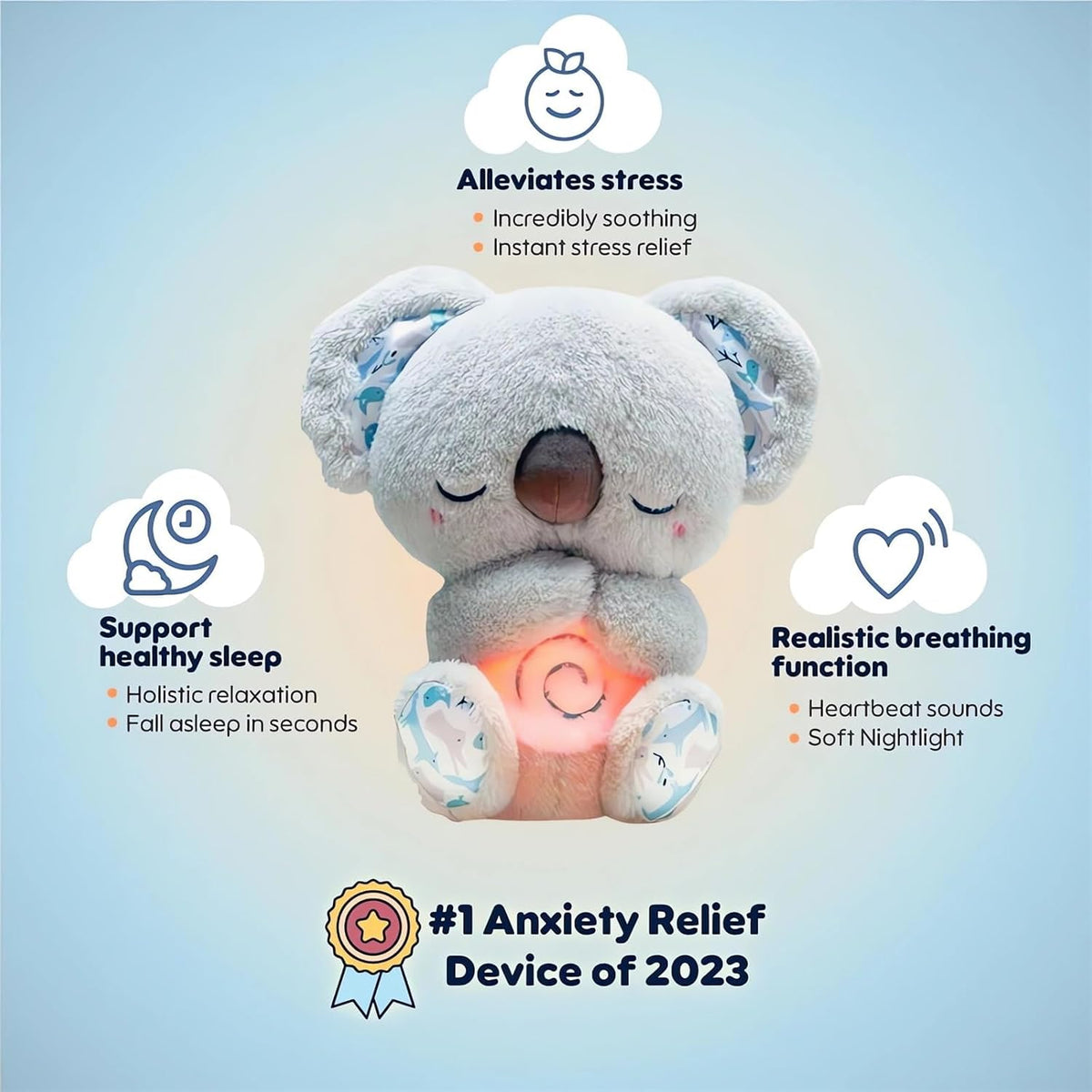 QFCST Relief Koala Breathing Stuffed Toy, Anxiety Relief Plush Breathing Animal, Sleeping Koala Plush Breathing with Musical Lights & Rhythmic Breathing Motion
