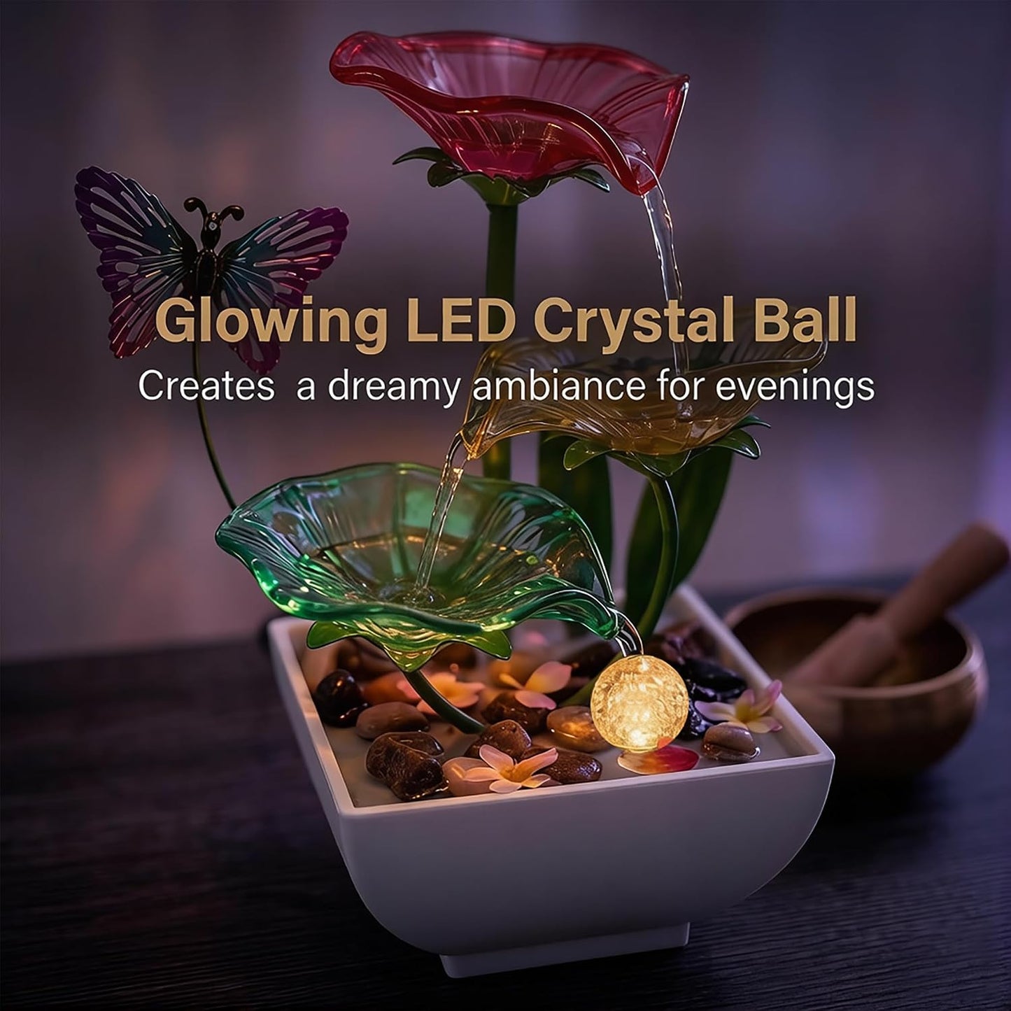 Tabletop Fountain,Indoor Water Fountain,Home Fengshui Décor Zen Relaxation Soothing Sound Machine for Office,Living Room,or Bedroom,Green Lotus,Hummingbird & Pink Flower