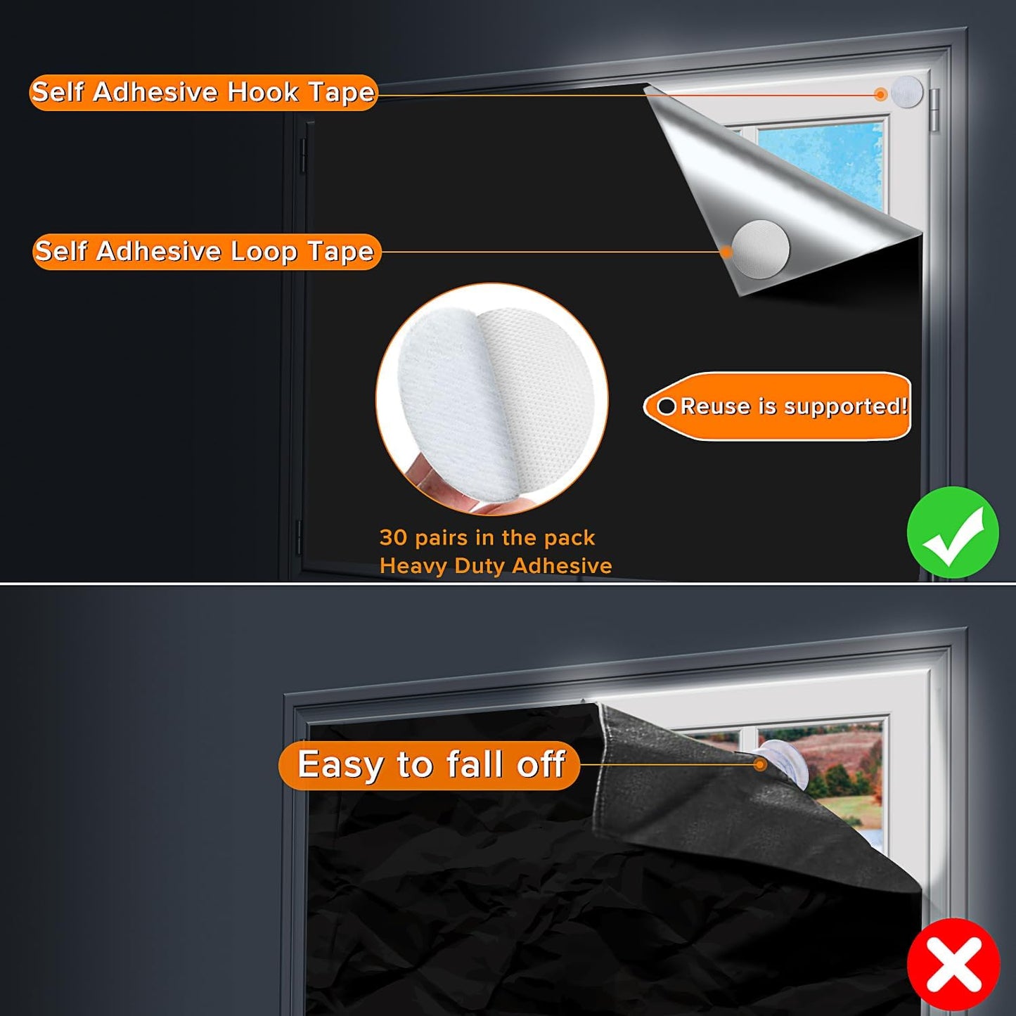 Portable Blackout Curtains (79" x 57"), 100% Portable Blackout Blinds with 15 Pair Hook & Loop Tabs Stick-on, Temporary Shades for Baby/Travelers/Bedroom
