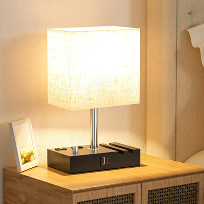 Kakanuo Fully Dimmable Nightstand Lamp for Bedroom with USB C Ports, Grey Small Bedside Table Lamp with Charging Outlets and Phone Stands, Wooden Desk Lamp for Living Room, LED Bulb Included