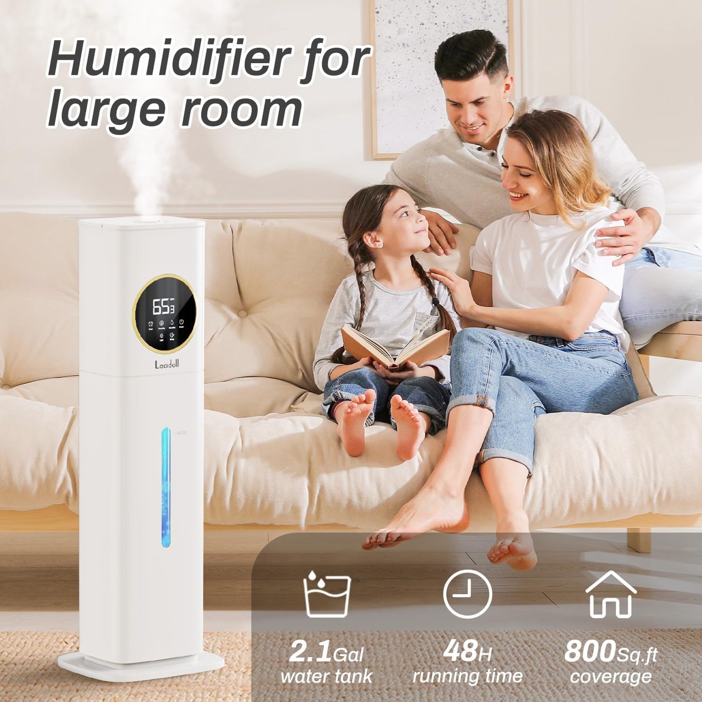 Humidifier Large Room Bedroom with Night Light, 2.1Gal(8L) Humidifiers for Home with Essential Oil Diffuser, Top Fill Whole House Cool Mist Humidifiers for Plants Baby Kids Adults(Black)