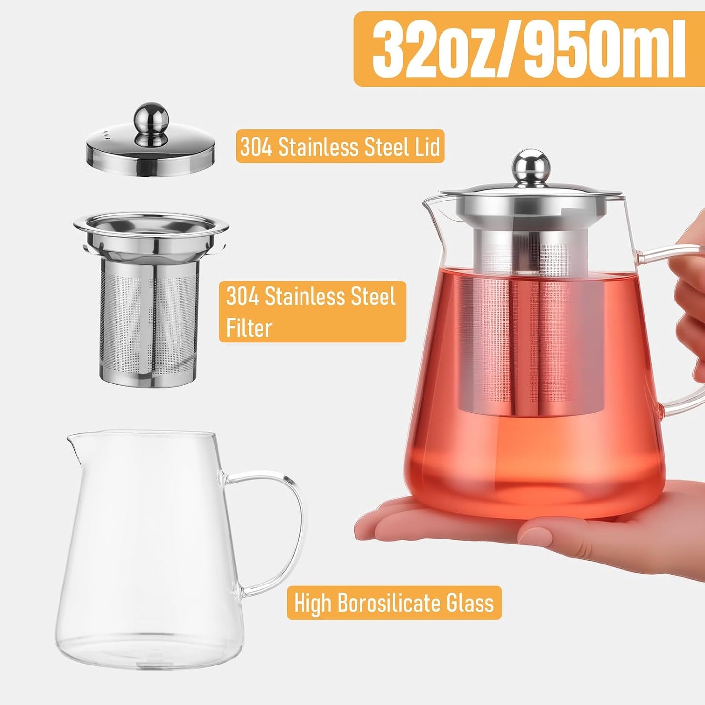 Baalaka Glass Teapot Stovetop 20 OZ/600ml, Tea pot with Removable 18/8 Stainless Steel Infuser, Borosilicate Clear Tea Kettle, Teapot Blooming and Loose Leaf Tea Maker Tea Brewer for Camping, Travel