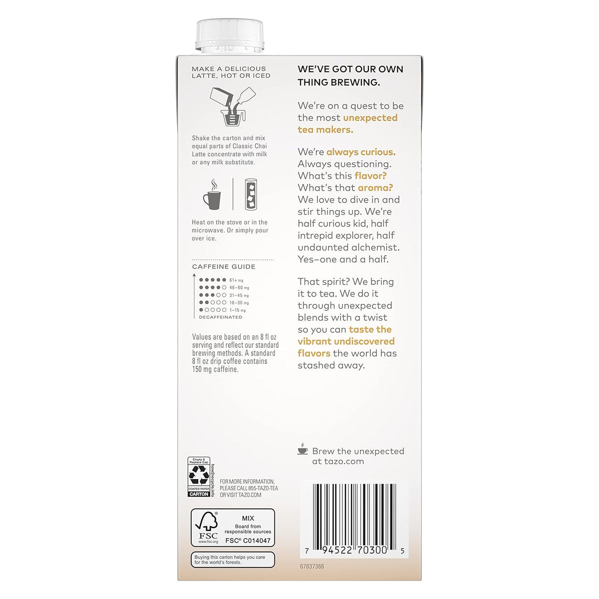 TAZO Classic Chai Latte Concentrate, 32 oz Carton