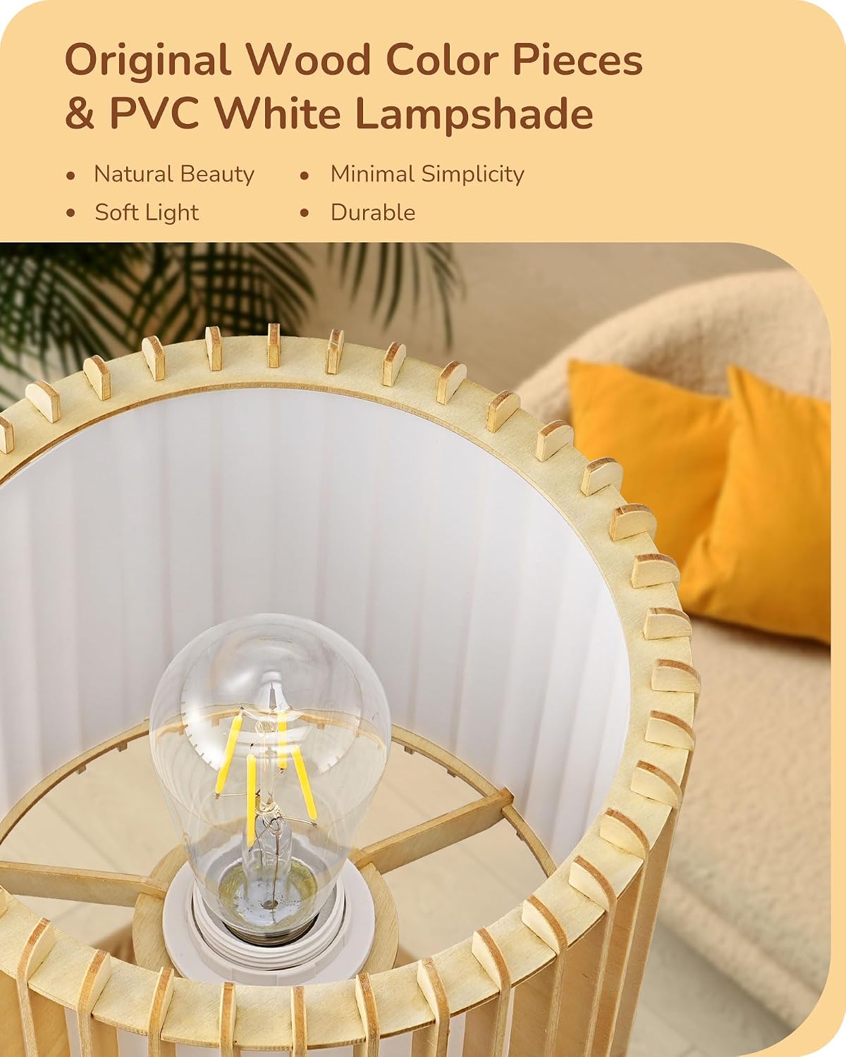 EDISHINE Tripod Table Lamp, Small Cute Bedside Lamp with Linen Beige Lampshade, Nightstand Lamp for Nursery, Bedroom, Kid Room, Living Room, Light Brown Wooden Base, E26 Socket, 14.2 Inch