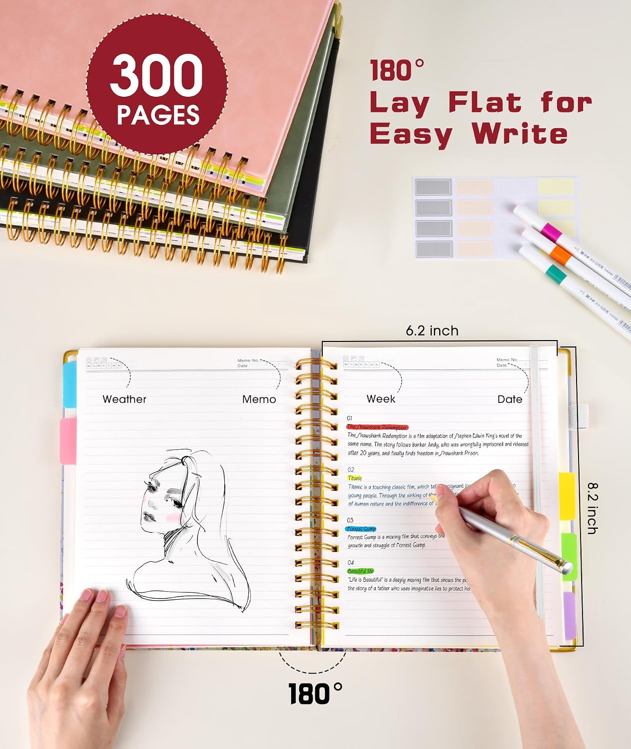 Hardcover Spiral Notebook journal with Removable Dividers Tabs, 300 Pages Leather 5 Subject Notebook College Ruled, 8"x10" Large B5 Notebooks for Work School Note taking, Lined Journal for Women,Black