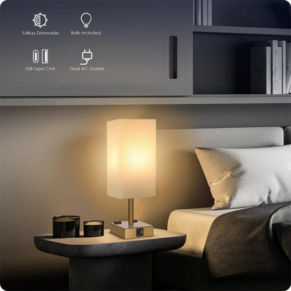 Bedside Table Lamp for Bedroom - Touch Small Lamp with USB C+A Charging Ports & AC Outlets, 3 Way Dimmable Nightstand Light for Living Room (LED Bulb Included, Grey)
