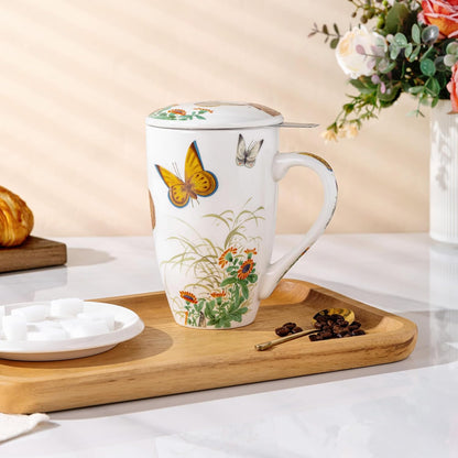 AmorArc 18oz Porcelain Tea Mug with Infuser & Lid, Loose Leaf Tea Cup with Stainless Steel Strainer, Large Coffee Mug Gift for Women, Tea Lovers, Home & Office