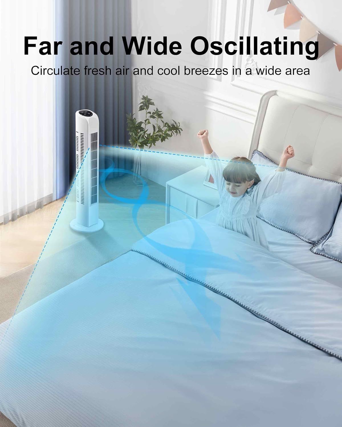 Uthfy Oscillating Tower Fan for Bedroom, Portable Standing Fan with Remote, 3 Modes 3 Speeds, 7.5H Timer, 120° Quiet Cooling for Living room, Office, Black