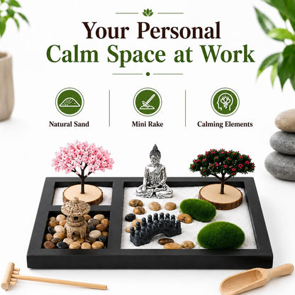 Zen Garden for Desk - Tabletop Sand Garden Kit - Mini Sand Tray Decor - Black Display Tray with Buddha Ornament, Pebbles and Moss Accents - Suitable for Office Desk Decoration and Home Decor