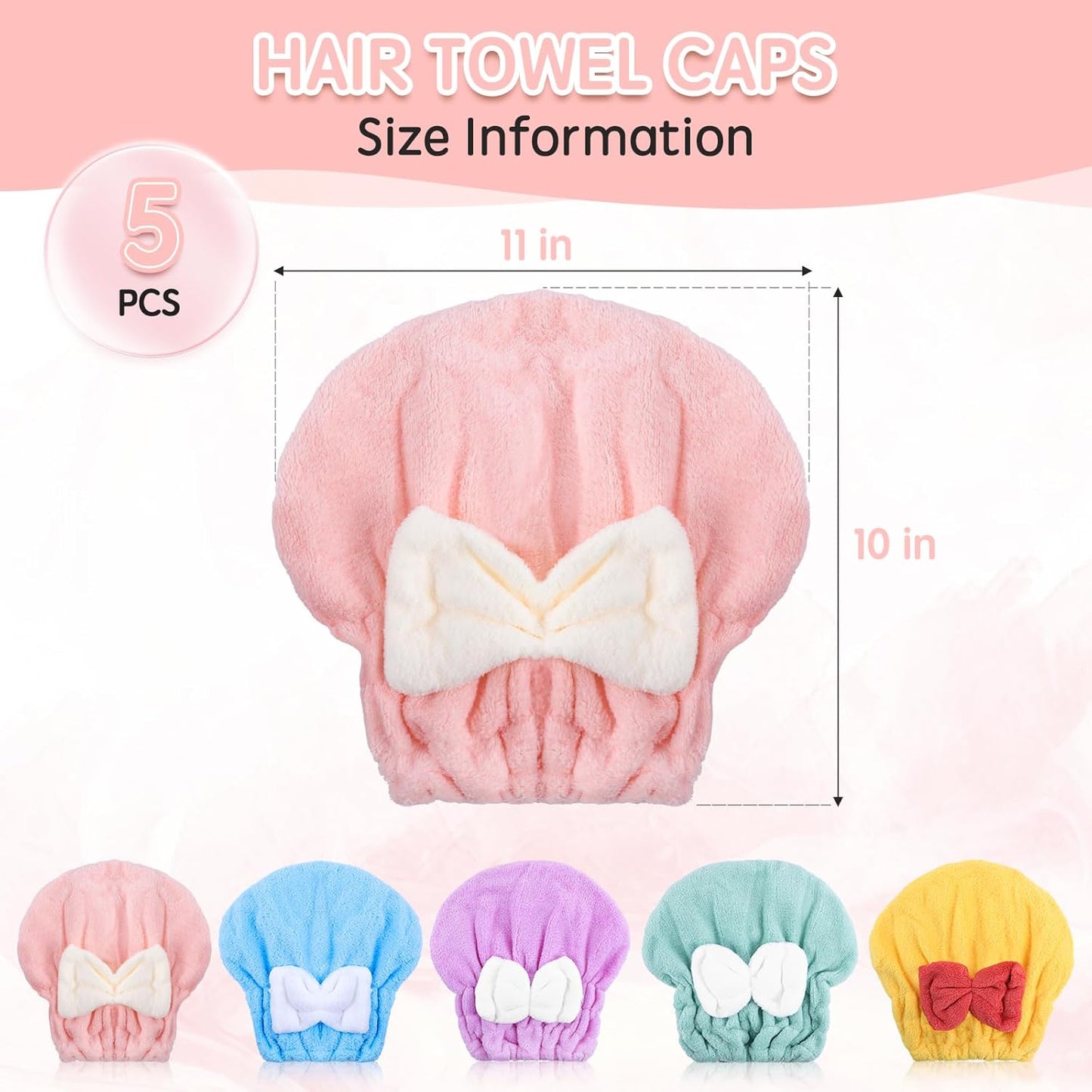 Microfiber Hair Drying Caps, 5-Pack Extra Soft and Ultra Absorbent Fast-Drying Hair Turban Wraps, Shower Caps for Girls and Women with Cute Bowtie Design（11" L x 10" W）