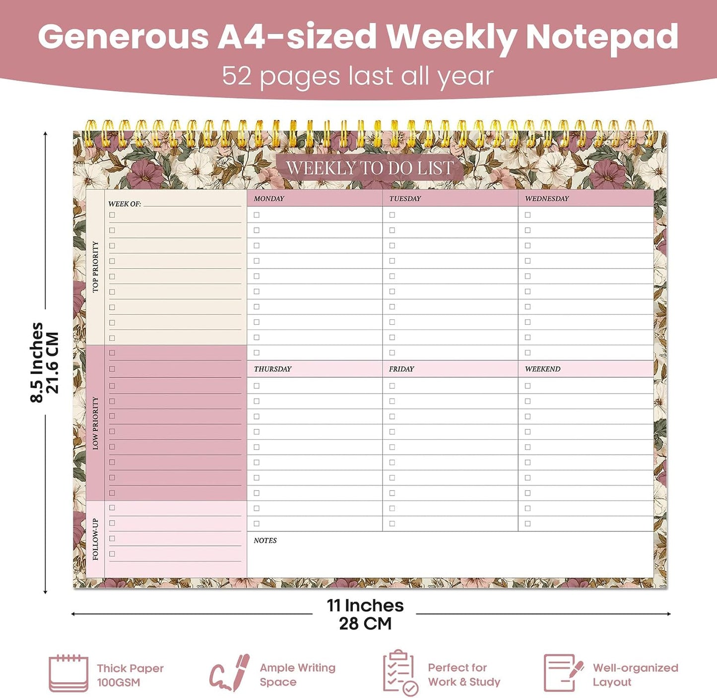 Weekly To Do List Notepad with 52 Undated Sheets（8.5"×11"）- Undated Weekly Planner Notepad for Office Desk Accessories and Supplies - Sunshine Petal