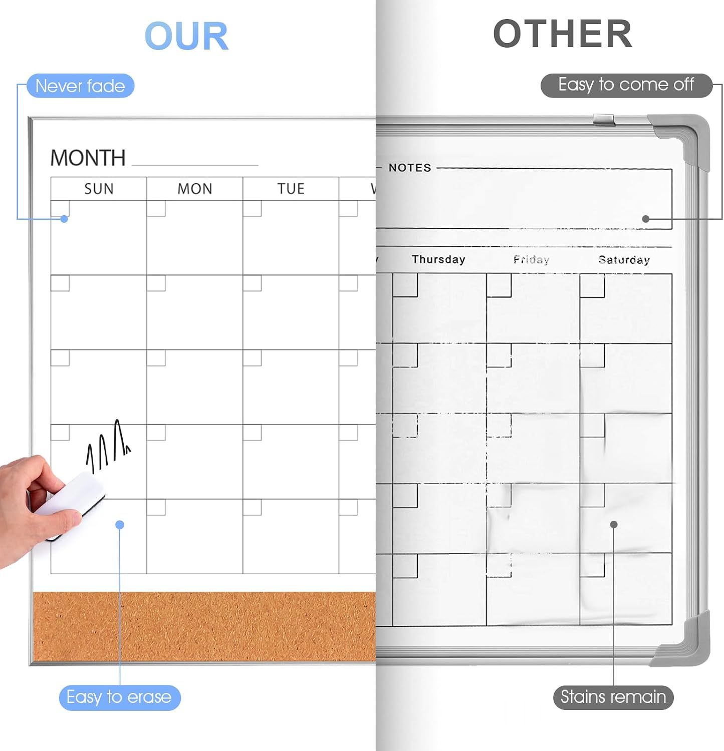 ARCOBIS Dry Erase Calendar with Cork Board for Wall, 24"x 18" Magnetic Calendar Whiteboard with Black Frame, Monthly Combination Board for School, Home, Office