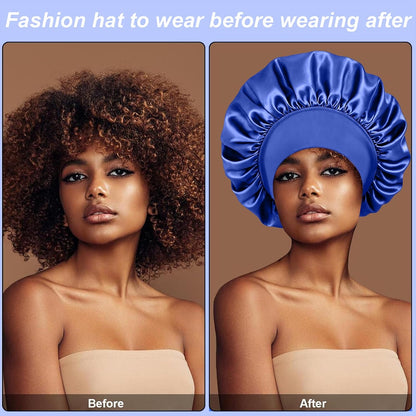 4Pcs Silk Satin Bonnets for Sleeping - Elastic Wide Band Wrap for Black Women Men,Silk Bonnets for Curly Hair,Large Hair Cap for Sleeping (Black+Wine Red+Purple+Brown)