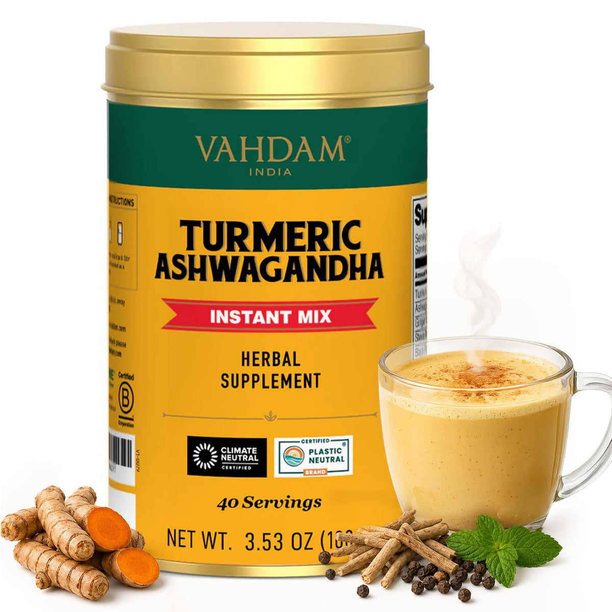 VAHDAM Turmeric Ashwagandha Latte Mix(3.53oz|40 Cups) Herbal Supplement
