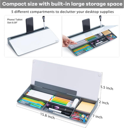 Varhomax Glass Weekly Dry Erase Desk White Board, Desktop to Do List Planner Whiteboard Calendar with Storage Caddy Memo for Home and Office, White