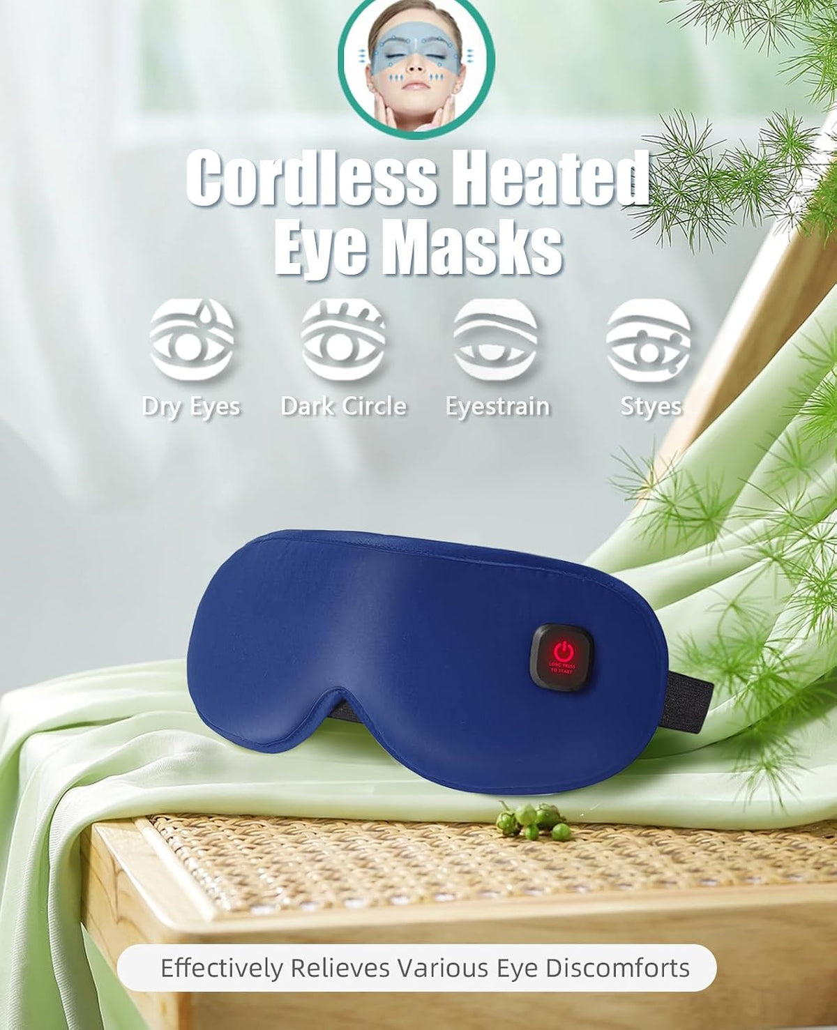 Cordless Heated Eye Mask for Dry Eye Relief, Improved Sleep, Electric Eye Heating Pad for Airplane Sleeping Travel,Washable(Navy)