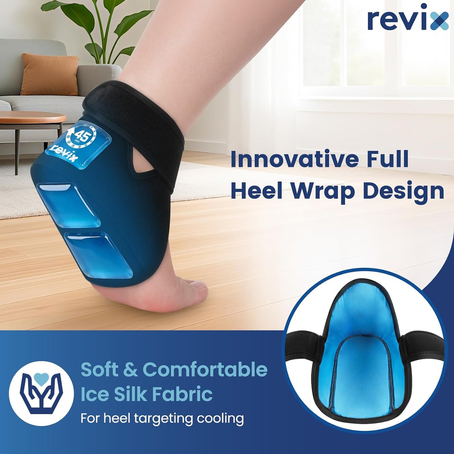 REVIX Heel Ice Pack Wraps for Achilles Tendonitis & Plantar Fasciitis with 45-Min Long Lasting Cold Therapy, 2 Packs Lightweight Gel Ice Pack for Heel Relaxation, Reusable Ice Wrap for Feet Swelling