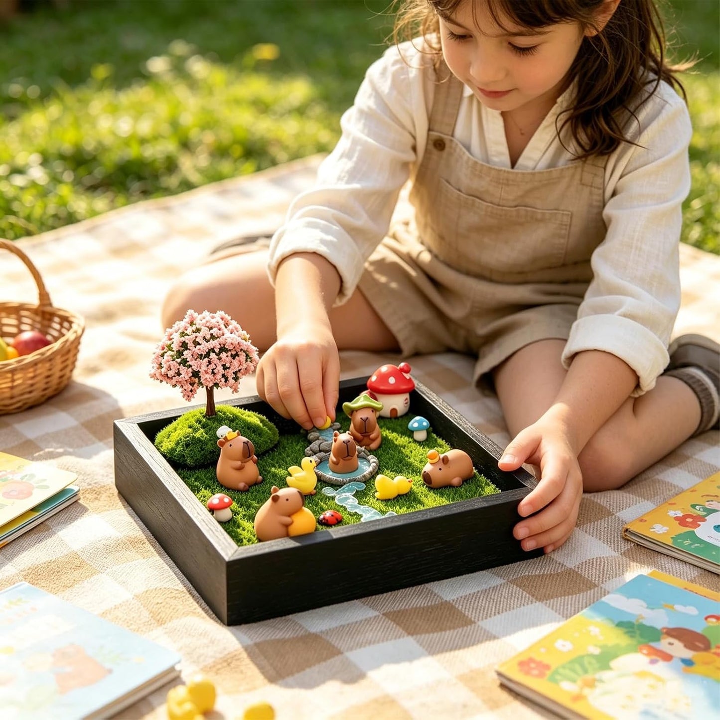 Dreamgirnh 18Pcs Capybara Fairy Zen Mini Garden Kit, 7In Wood Tray Desk Decor