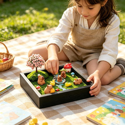 Dreamgirnh 18Pcs Capybara Fairy Zen Mini Garden Kit, 7In Wood Tray Desk Decor