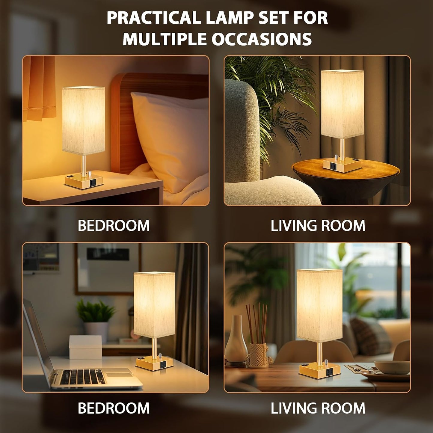 Bedside Table Lamps Set of 2 for Bedroom - Dimmable, USB C+A, 2 AC Outlets