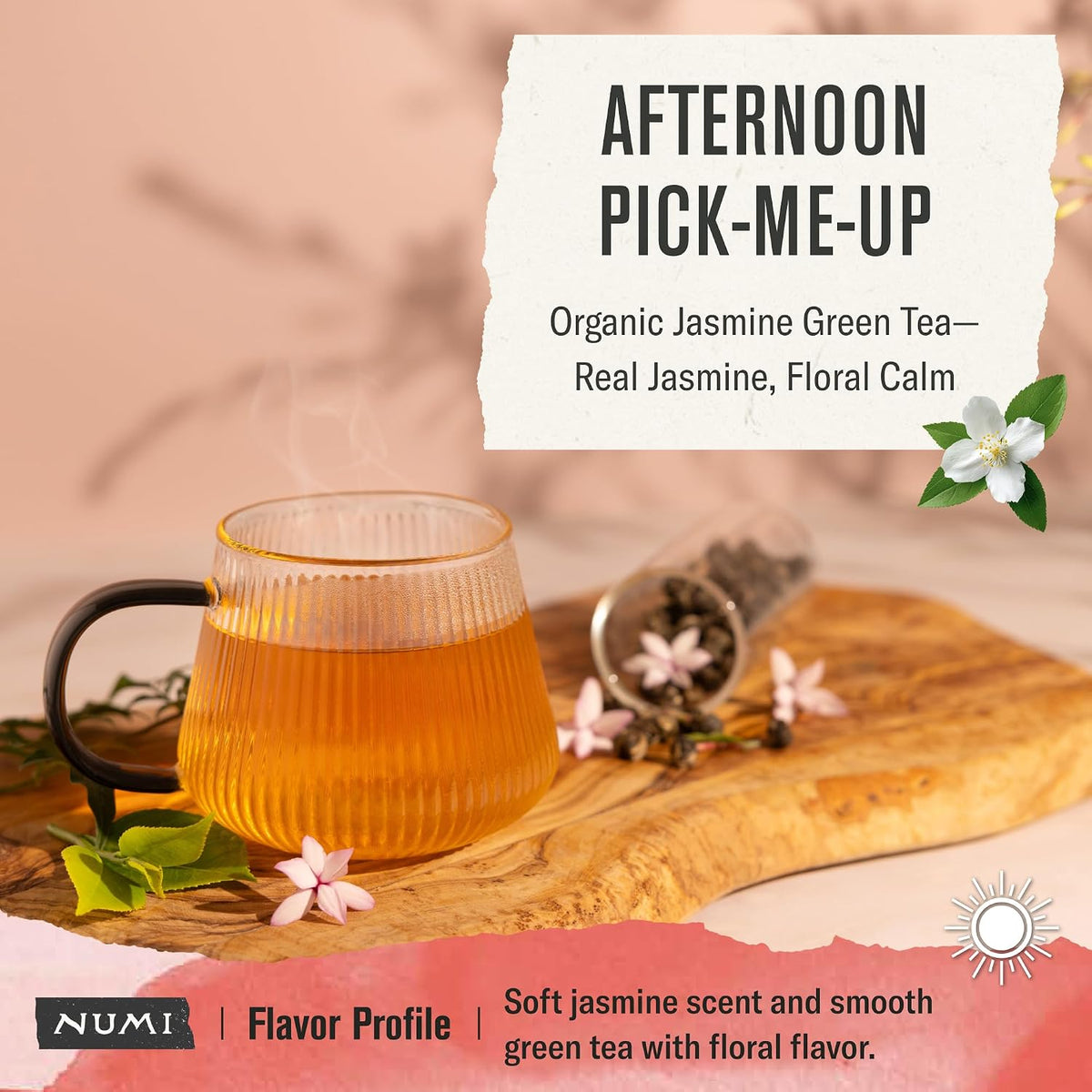 Numi Organic Jasmine Green Tea, 18 Green Tea Bags with Real Jasmine Flowers