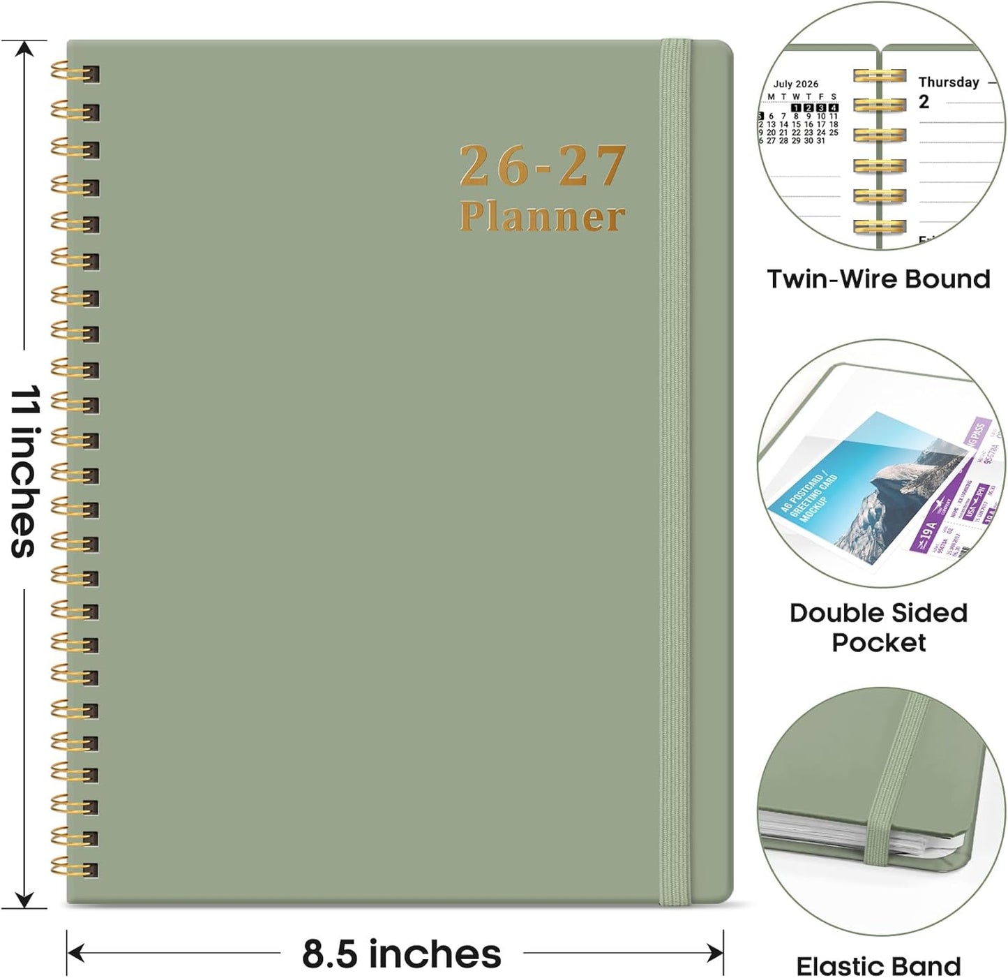 Planner 2026-2027, 8.5" x 11" Weekly and Monthly Academic Year Planner Calendar, July 2026 - June 2027, Hardcover Large School Planning Agenda With Tabs, Perfect for School & Office Supplies, A4, Green