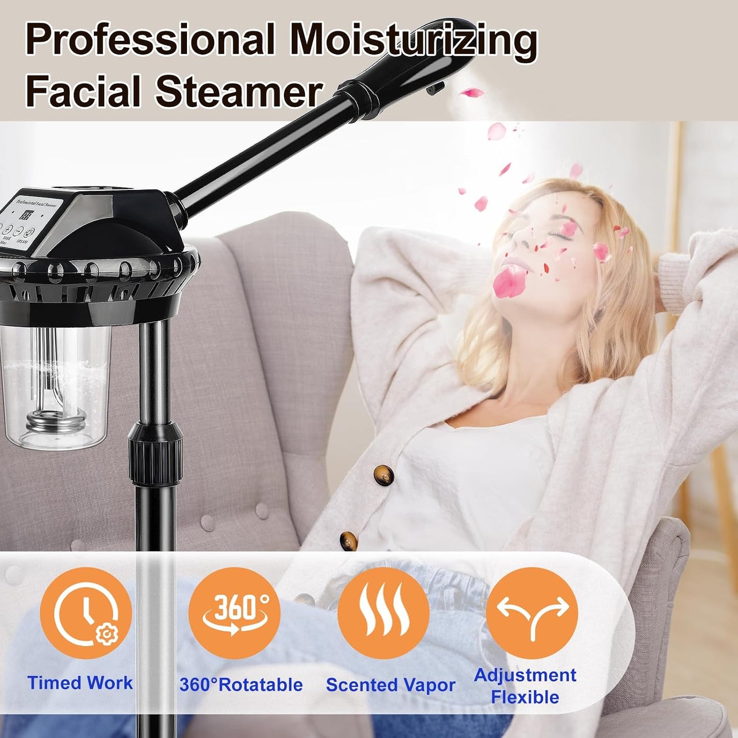 Professional Facial Steamer for Deep Cleansing and Hydration, Ozone Spa Face Steamer on Wheels, Adjustable Height and Angle,Estheticians Steamer More Steam,Suitable for Beauty, Spa and Home Use