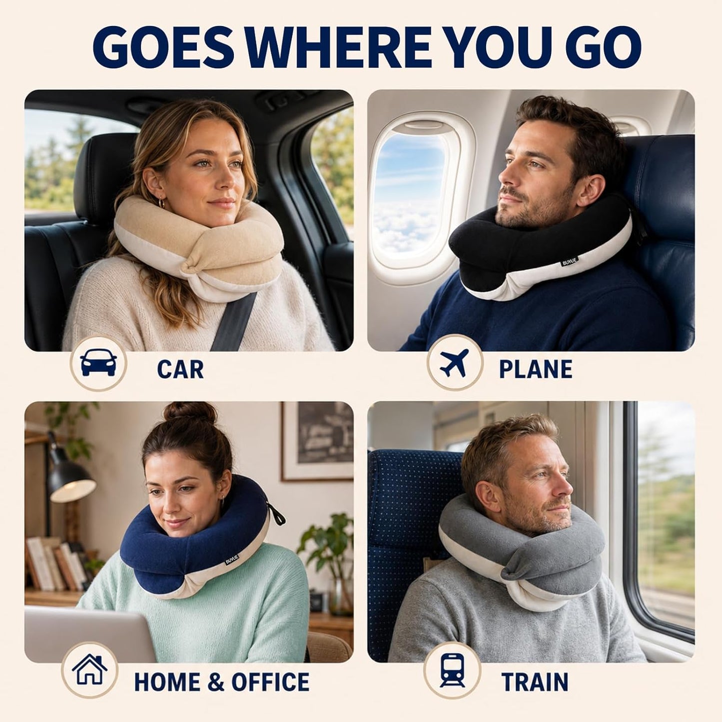 BUYUE Travel Neck Pillows for Airplanes, Memory Foam 360° Head Support Sleep for Long Flight, Skin-Friendly & Breathable, Kit with Eye Mask, Earplugs and Storage Bag (Adult, Grey, 90+ lbs)