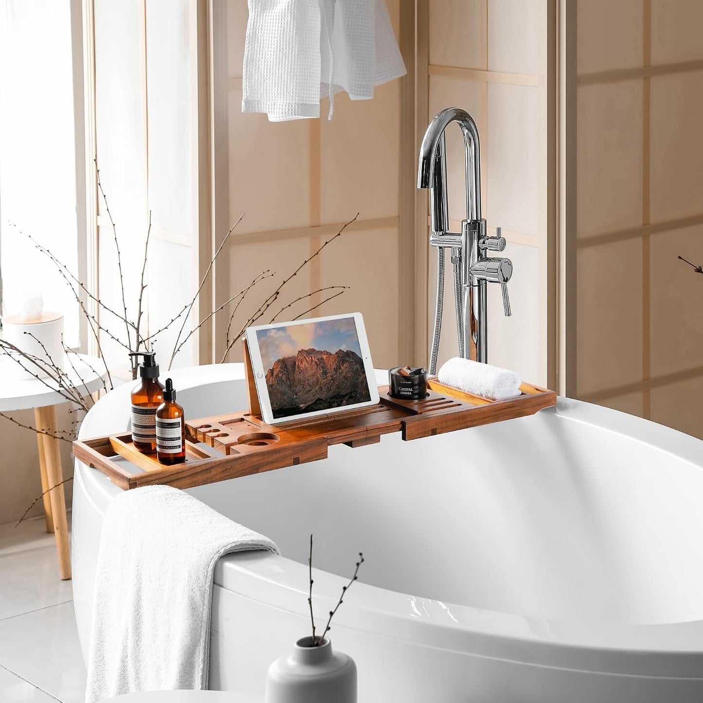 Bamboo Bathtub Tray Caddy - Splash-Proof Adjustable (28.5-40") with Wine Holder, Tablet Stand & Non-Slip Grip | Spa-Grade Organizer for Bath Essentials & Reading- Walnut