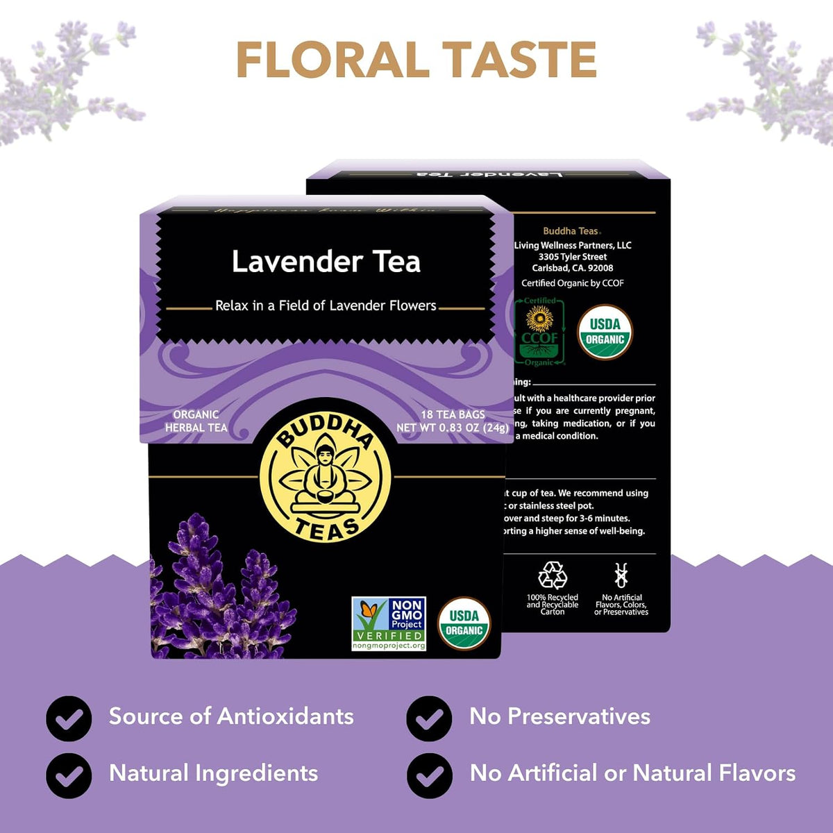 Buddha Teas Organic Lavender Tea - Herbal Tea, Microplastic & Caffeine Free