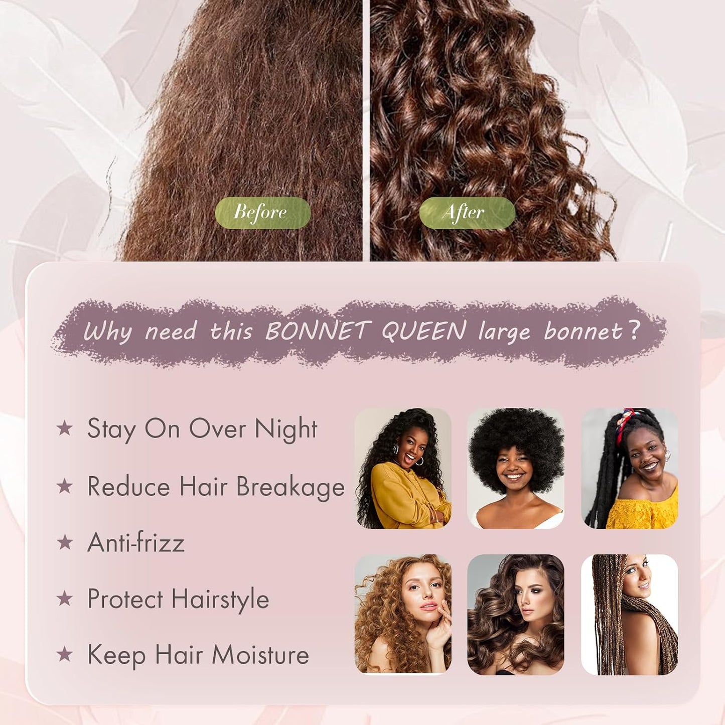 BONNET QUEEN Silk Bonnet for Sleeping for Women Satin Bonnet Night Cap for Curly Hair with Tie Band, Single Layer, Cream Pink