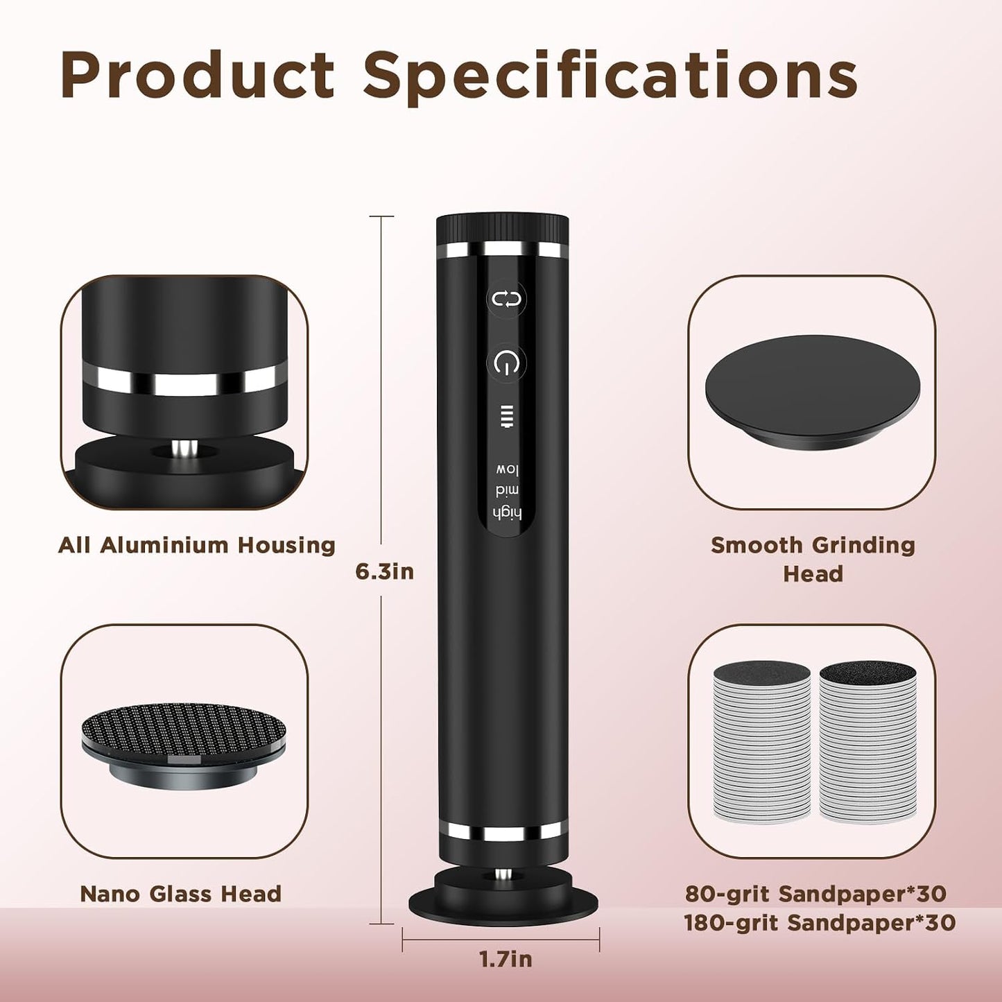 Electric Foot Callus Remover with Nano-Glass Head & 60Pcs Sandpaper Discs, 4 Hours Run Time, Electric Callus Remover for Feet with 3 Adjustable Speeds, Pedicure Tools for Dry Dead Skin Cracked Heels