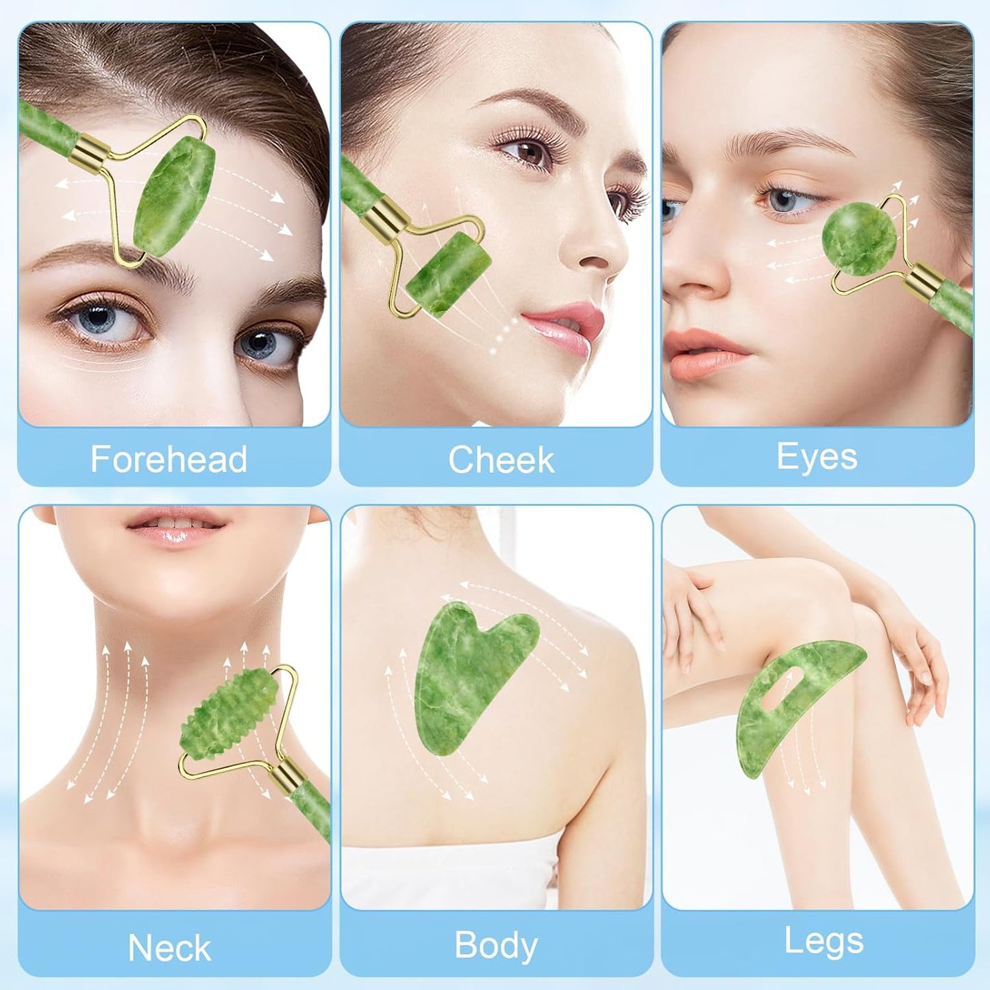 Jade Roller & Gua Sha Set 5-in-1, Full Body Massage Tools | Cool natural Xiuyan jade for depuffing facial massage, portable travel skincare kit, ideal stocking stuffer gifts for women