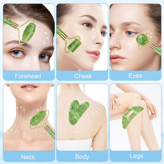 Jade Roller & Gua Sha Set 5-in-1, Full Body Massage Tools | Cool natural Xiuyan jade for depuffing facial massage, portable travel skincare kit, ideal stocking stuffer gifts for women