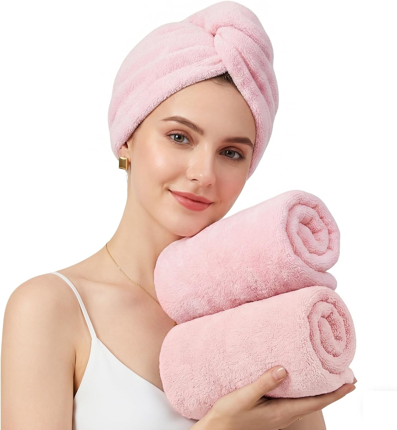 Mandydov 100% Cotton Hair Towel Wrap for Women, 2 Pack Thickened & Super Absorbent Turbans, Anti Frizz Quick Dry Hair Towels (Blue, Pink Blush)