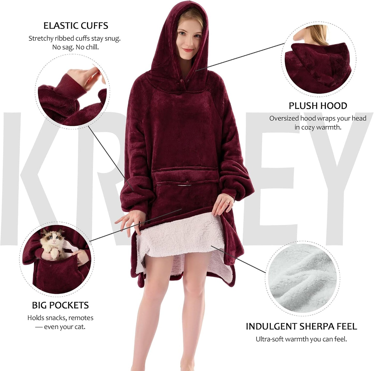 Krifey Wearable Blanket Hoodie, Oversized Sherpa Hooded Blanket for Adults | Soft sherpa fleece with sleeves and pocket; oversized fit for lounging, WFH, camping, Christmas and white elephant gifts.