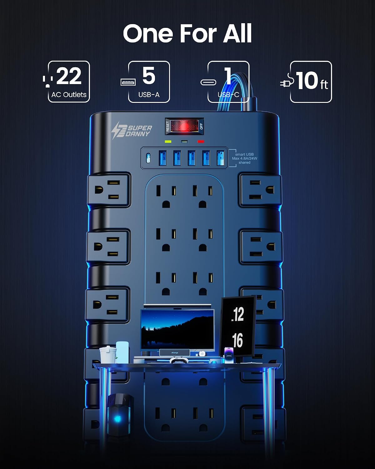 SUPERDANNY Power Strip Surge Protector, 22 AC 6 USB, 2100J, 6.5Ft,1875W/15A