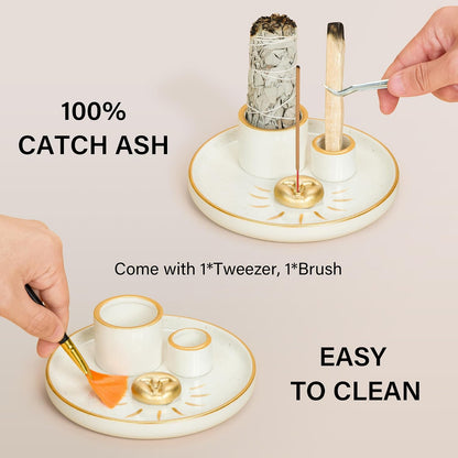 ZenBless Multifunction Incense and Candle Holder for Burning Sage, Palo Santo, Incense Sticks - 5.9" Ceramic Ash Catcher Tray for Meditation Room Home Decor Spritual Gifts (Gold)